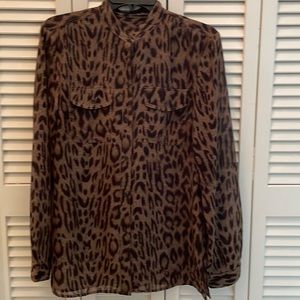 CHAPS. Button Down.  Long sleeve sheer black and brown print top.